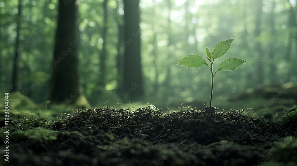 A single sapling sprouts from the forest floor, bathed in sunlight filtering through the trees. A single sapling sprouts from the forest floor, bathed in sunlight filtering through the trees.