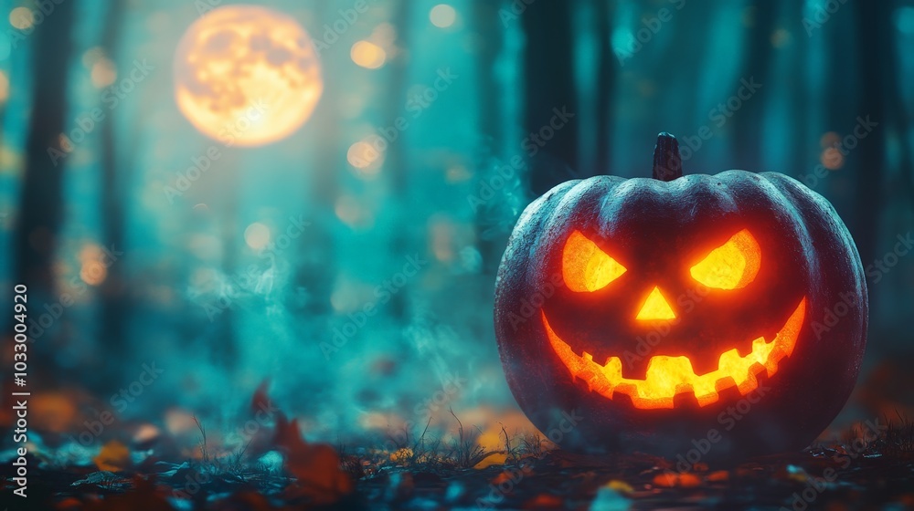 Fototapeta premium Close-up of a jack-o'-lantern with a menacing face, illuminated from within, against a blurred Halloween background of the forest and an autumn-colored full moon.
