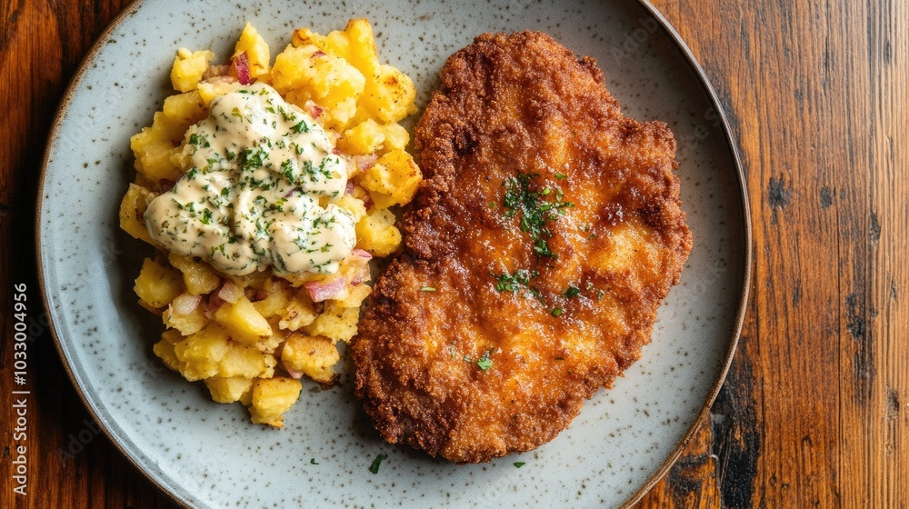 Deliciously Plated Wiener Schnitzel with Sides Deliciously Plated Wiener Schnitzel with Sides