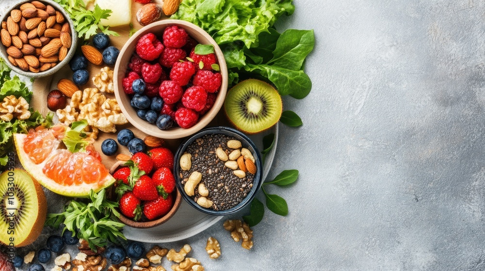 Colorful Healthy Food Table Setting with Fresh Fruits Colorful Healthy Food Table Setting with Fresh Fruits