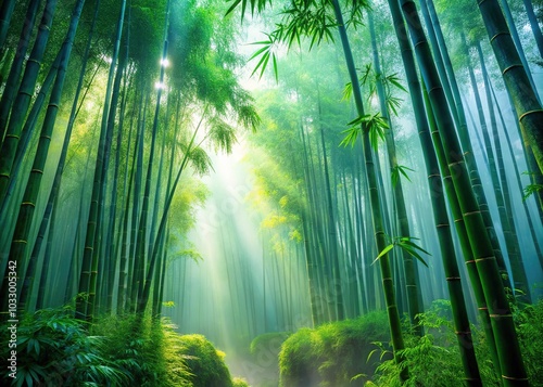 Surreal Bamboo Forest in Foggy Rain: Mysterious and Peaceful Atmosphere with Lush Greenery, Ethereal Mist, and Tranquil Vibes for Nature Lovers and Dreamy Landscapes