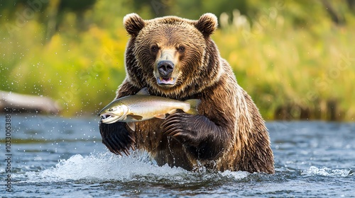 Majestic brown bear catching salmon in river