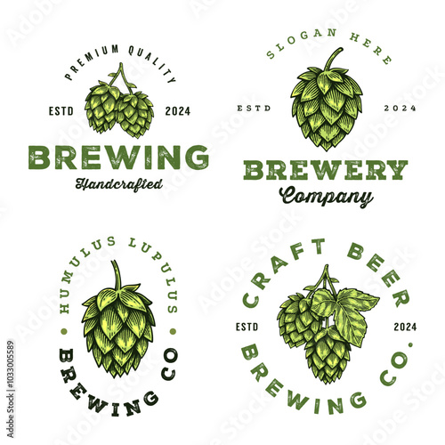 Set of Craft Beer Brewery Logo, Vintage Hop Cone Badge Emblem Design Collection
