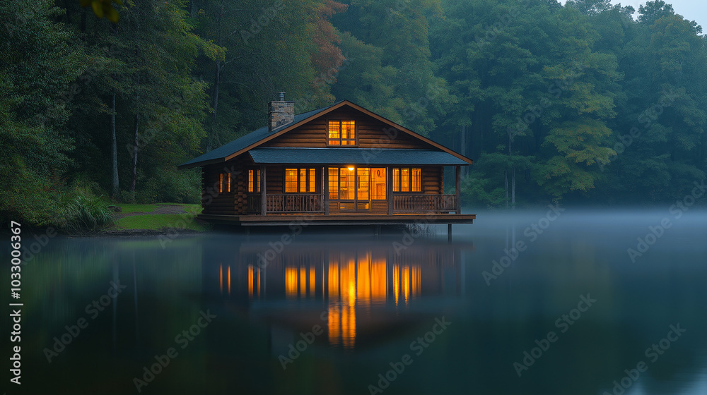 Tranquil cabin nestled on a serene lake, bathed in the warm glow of evening light. Tranquil cabin nestled on a serene lake, bathed in the warm glow of evening light.