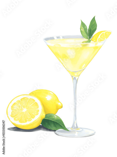 Citrus Yellow Lemon Drop Martini Cocktail hand drawn paint art illustration painting isolated white background transparent png