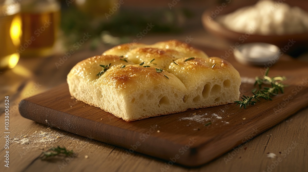 Rustic Focaccia Served on Wooden Board Rustic Focaccia Served on Wooden Board