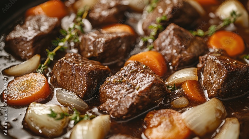 Rustic Beef Bourgignon in a Pan Close-Up Rustic Beef Bourgignon in a Pan Close-Up