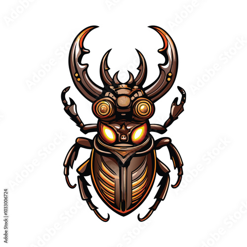 A detailed illustration of a mechanical stag beetle with sharp metallic mandibles. The beetle is drawn in a steampunk style, with intricate gears and cogs.