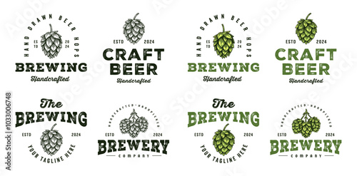 Set of Craft Beer Brewery Logo, Vintage Hop Cone Badge Emblem Design Collection
