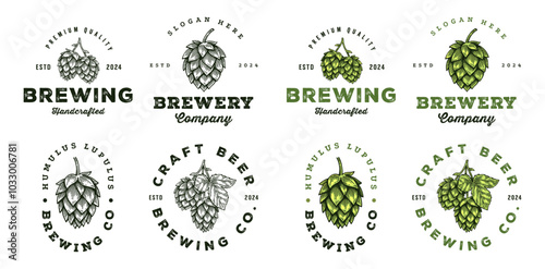 Set of Craft Beer Brewery Logo, Vintage Hop Cone Badge Emblem Design Collection