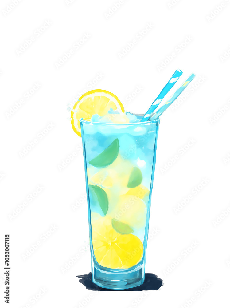 Ocean Blue Electric Lemonade Cocktail hand drawn paint art illustration painting isolated white background transparent png Ocean Blue Electric Lemonade Cocktail hand drawn paint art illustration painting isolated white background transparent png