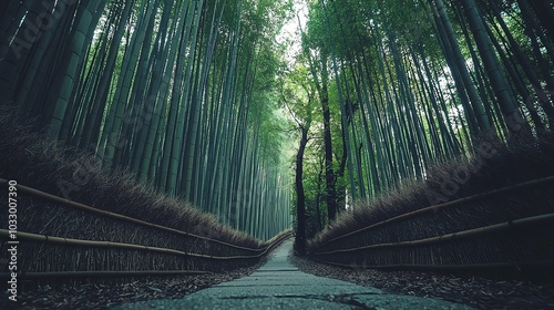 Serene bamboo forest path in Japan photo