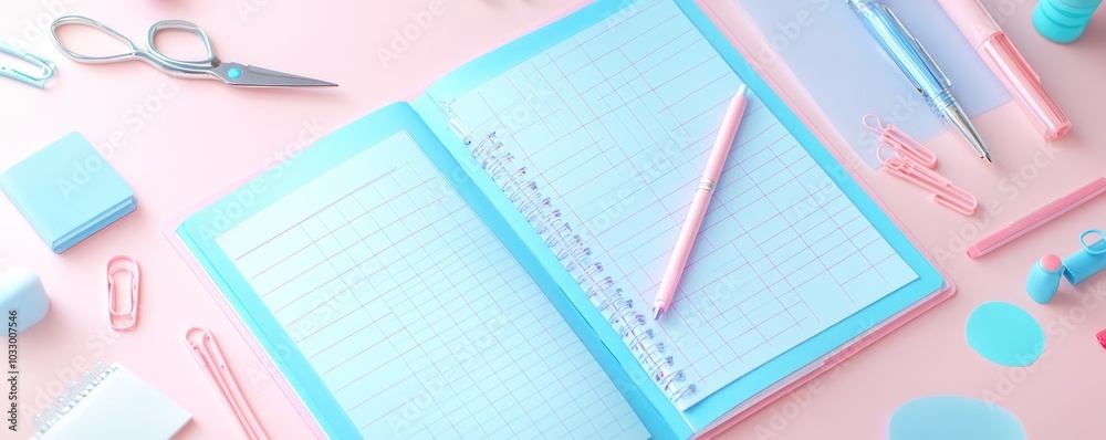 Pastel Office Supplies on Soft Surface Creating an Organized and Calm Workspace Atmosphere Pastel Office Supplies on Soft Surface Creating an Organized and Calm Workspace Atmosphere