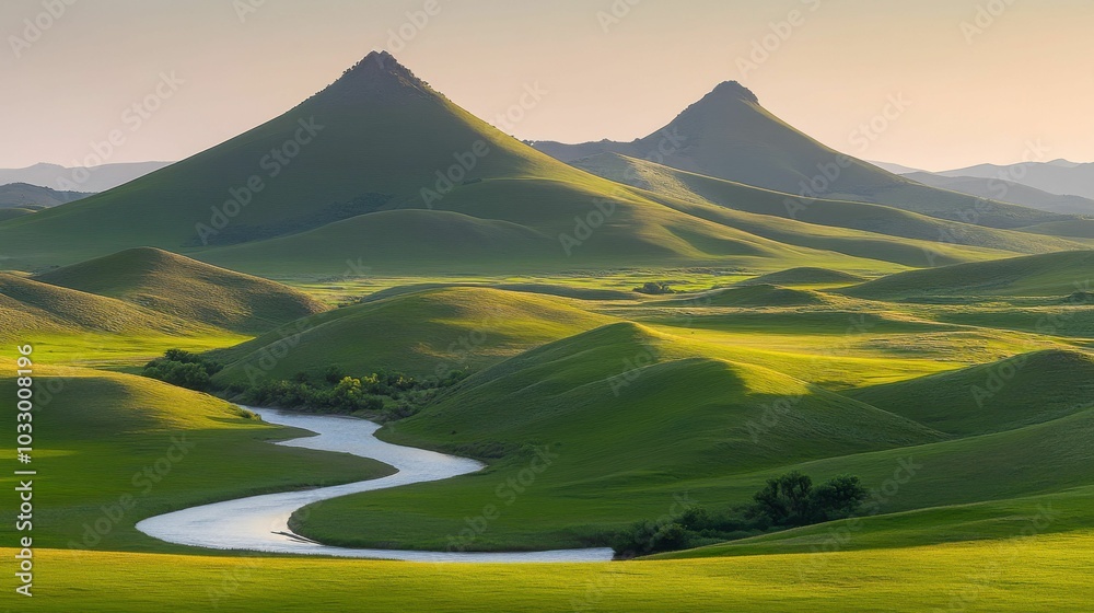 Fototapeta premium A vast green valley with a winding river flowing between softly rolling hills, with the warm glow of sunset enhancing the natural beauty..