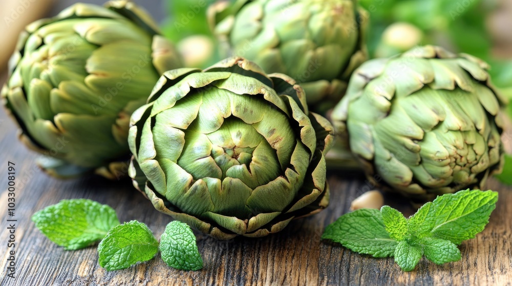Fresh Artichokes on Wooden Table with Mint Leaves