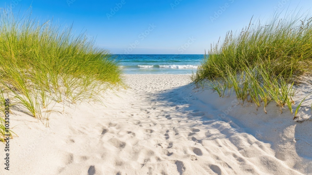 A sandy path flanked by tall green grass leads to the ocean on a clear sunny day, offering a perfect beach escape under the blue sky.. A sandy path flanked by tall green grass leads to the ocean on a clear sunny day, offering a perfect beach escape under the blue sky..