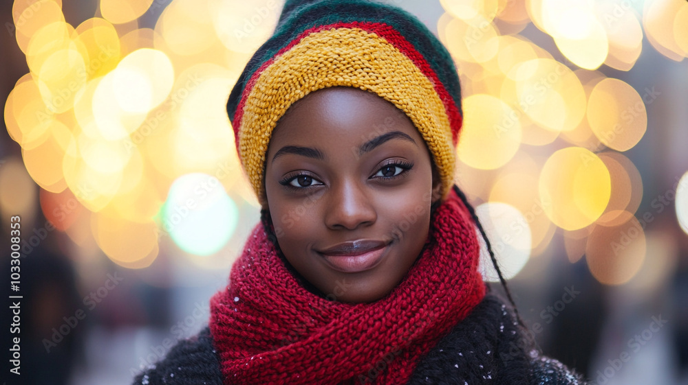 Celebrating Kwanzaa with a joyful expression amidst festive lights in a winter setting Celebrating Kwanzaa with a joyful expression amidst festive lights in a winter setting