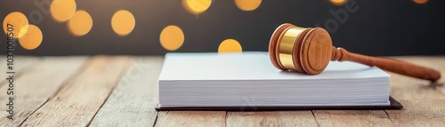 A gavel rests on a stack of papers, symbolizing justice, law, and legal proceedings, with a blurred bokeh background adding depth. photo