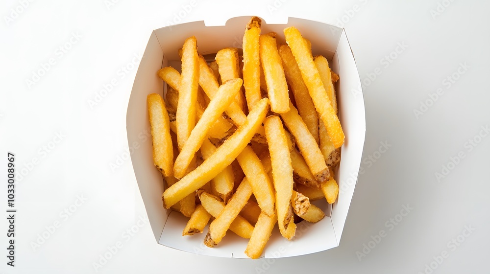French fries in a white carton box isolated on white background. French fries in a white carton box isolated on white background.