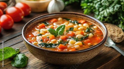 Fresh Italian Minestrone Soup in Rustic Bowl