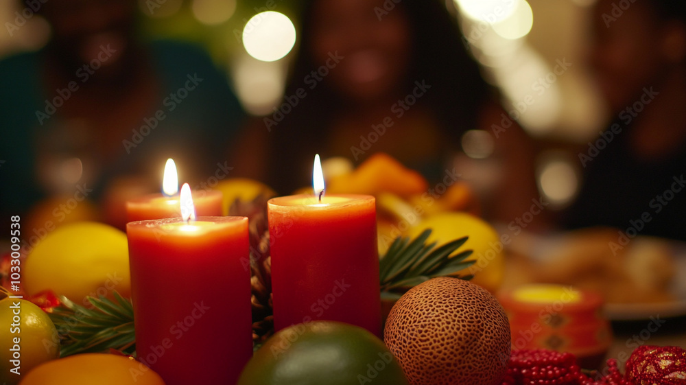 Celebrating Kwanzaa with family and traditional decorations around festive candles Celebrating Kwanzaa with family and traditional decorations around festive candles