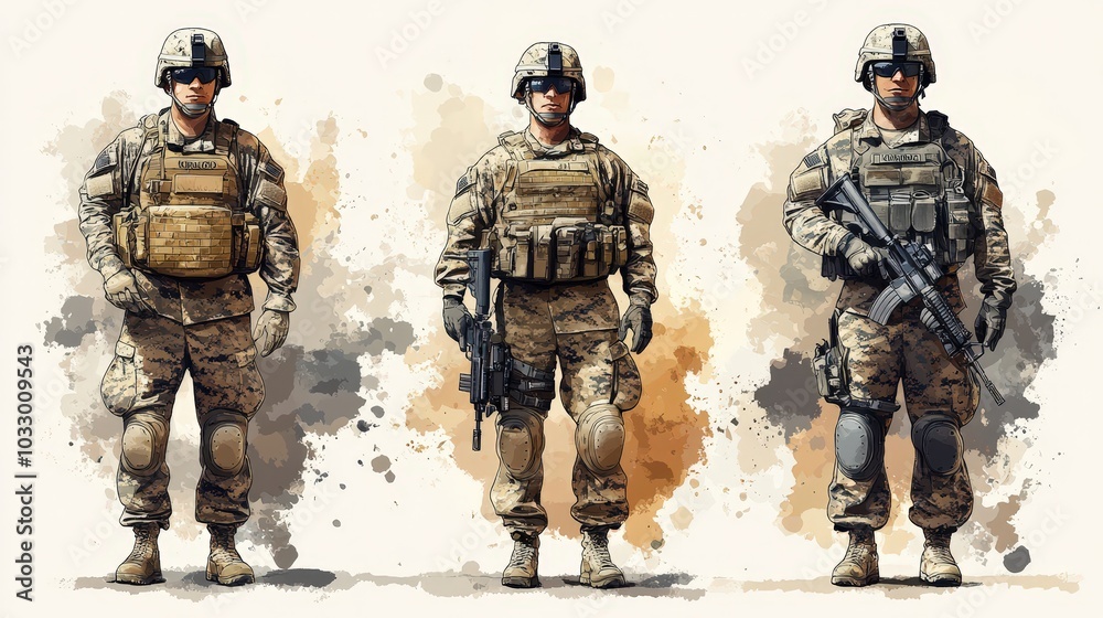 Fototapeta premium Military Army Man Clipart Set of 4 Simple Color on White Background