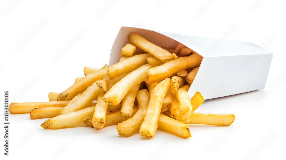 French fries in a white carton box isolated on white background. French fries in a white carton box isolated on white background.
