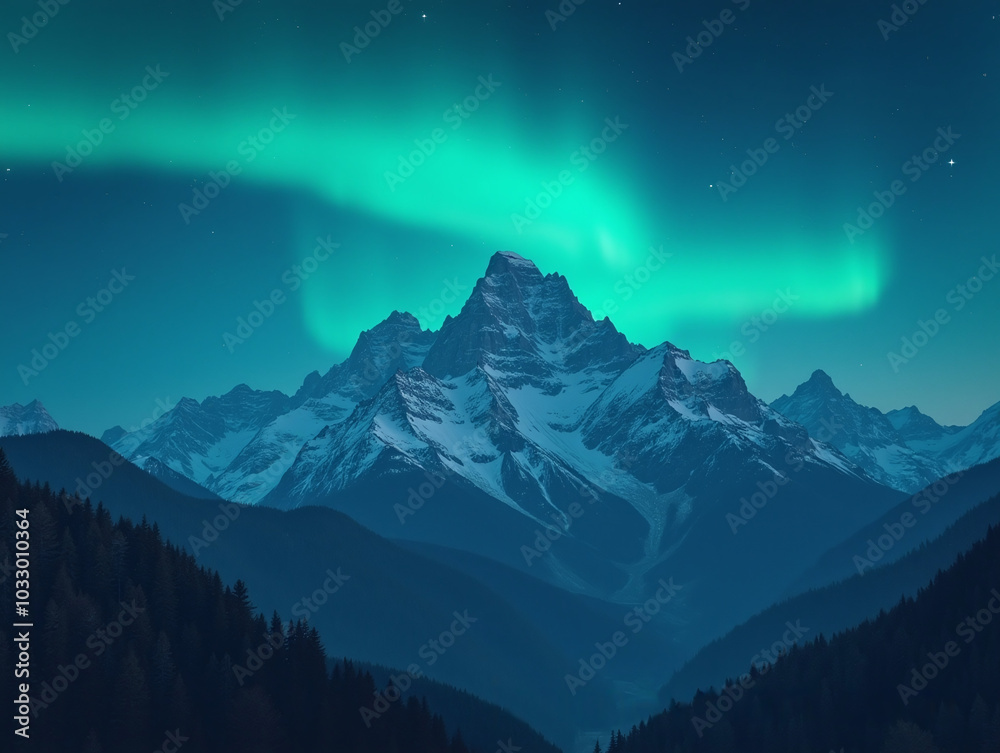 Mountain range under the northern lights Mountain range under the northern lights