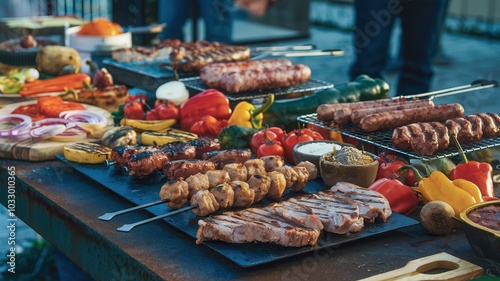 Table with a variety of meats and vegetables