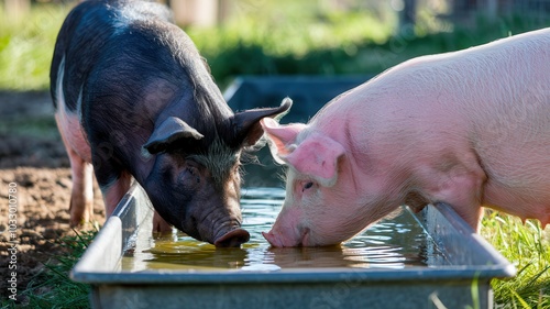 Two pigs drinking water from a trough