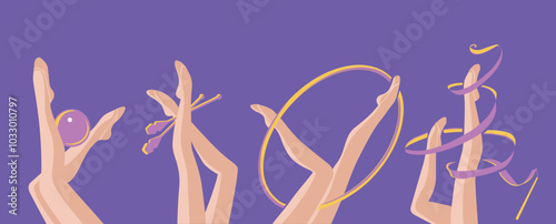 Vector set, silhouettes of rhythmic gymnast's legs with ball, ribbon, clubs and hoop.