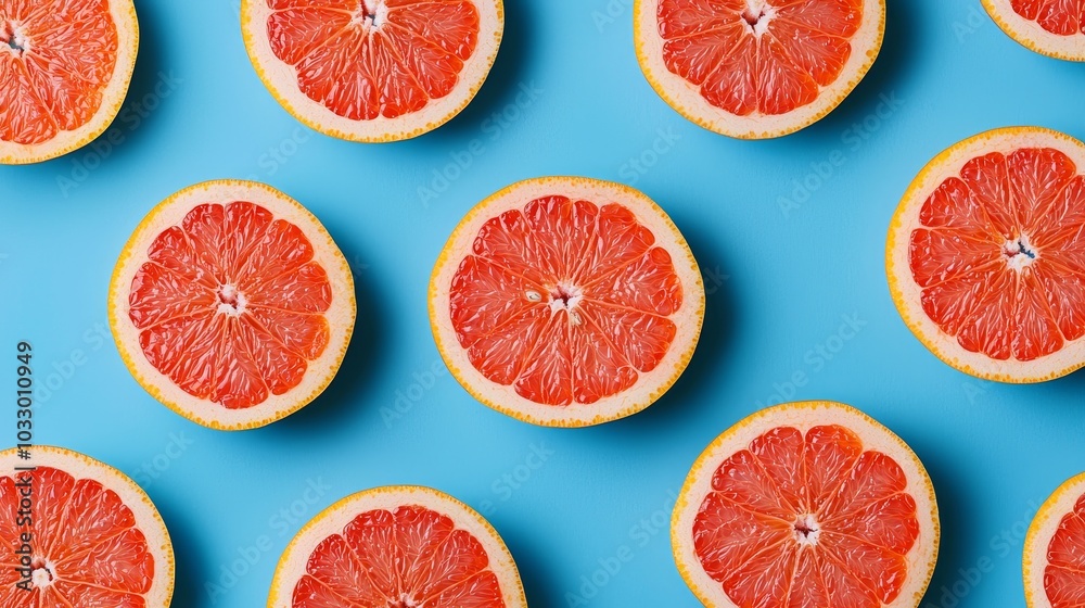 Abstract composition of sliced grapefruits, top view, arranged in a modern, artistic layout with bold, saturated colors and a summery feel Abstract composition of sliced grapefruits, top view, arranged in a modern, artistic layout with bold, saturated colors and a summery feel