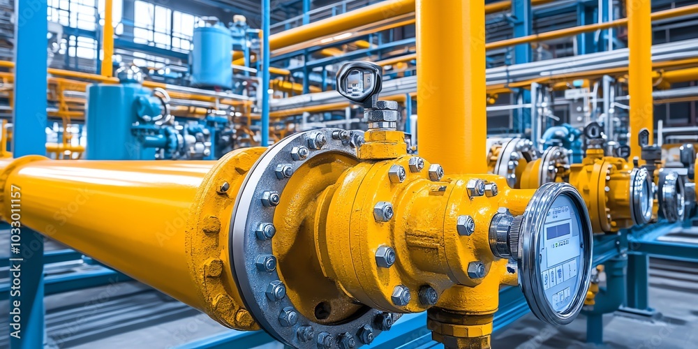 Close-up of a large yellow pipe in a factory with a pressure gauge and control valve. Close-up of a large yellow pipe in a factory with a pressure gauge and control valve.