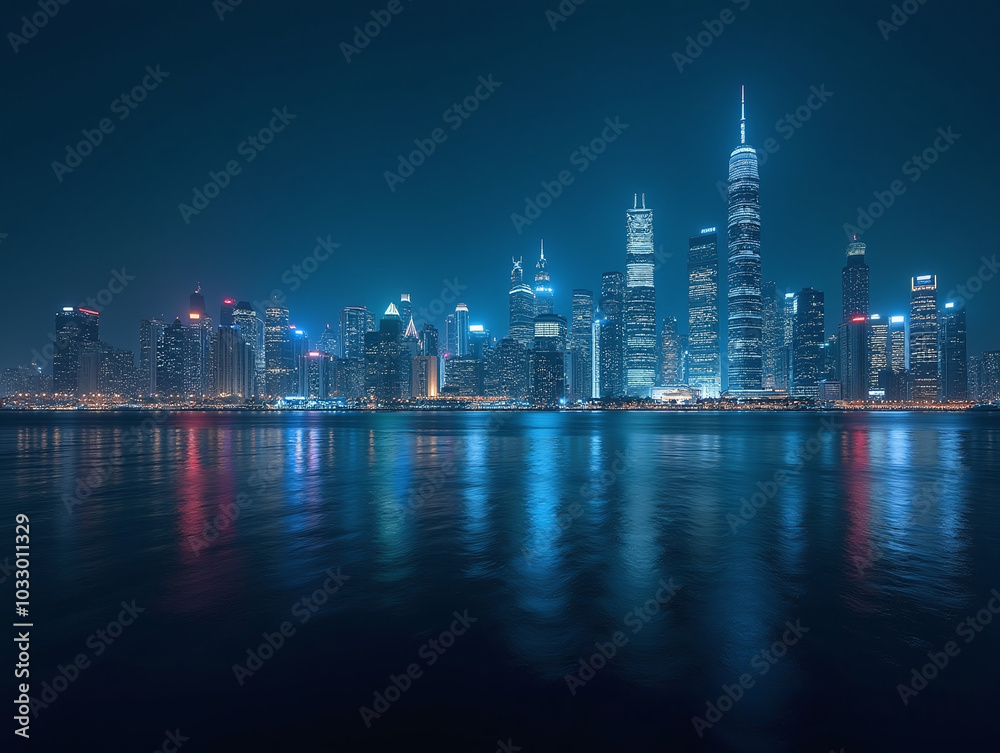 Nighttime view of a technologically advanced city with sleek, illuminated skyscrapers. Premium background for the latest technology needs Nighttime view of a technologically advanced city with sleek, illuminated skyscrapers. Premium background for the latest technology needs