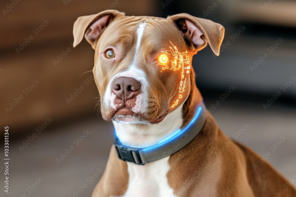 A Pitbull with glowing cybernetic features, in a high-tech urban setting A Pitbull with glowing cybernetic features, in a high-tech urban setting