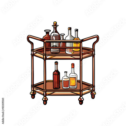 A realistic drawing of a bar cart with two glass shelves and a metal frame, filled with bottles of liquor.