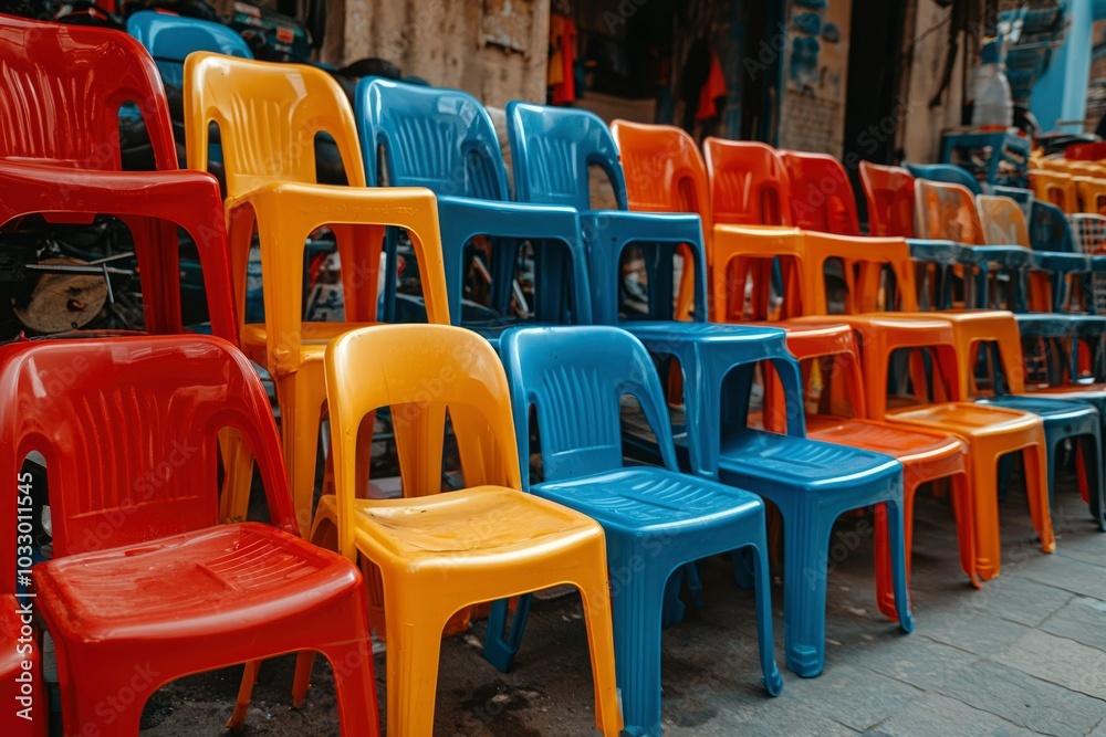 A Row of Colorful Plastic Chairs in an Outdoor Setting A Row of Colorful Plastic Chairs in an Outdoor Setting