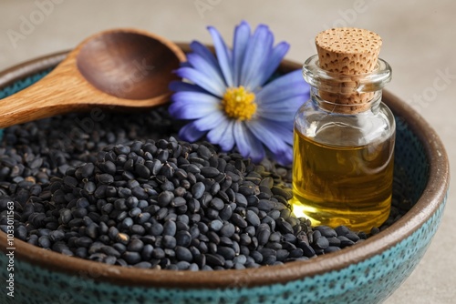 a bowl filled with black seeds and a small bottle of oil. Generative Ai