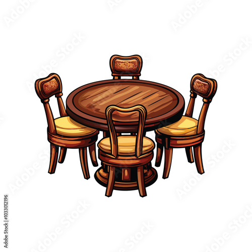 A realistic dining set with a round wooden table and four chairs.