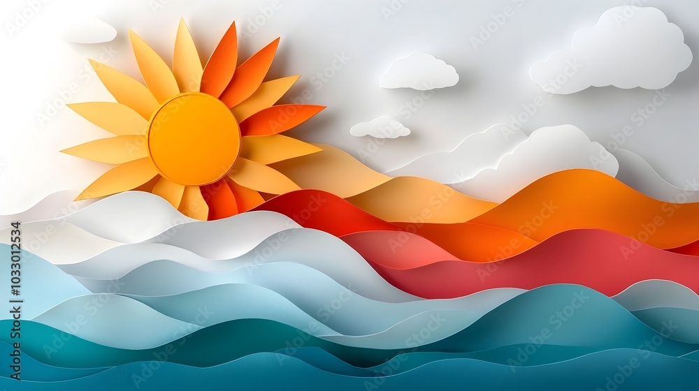 Obraz premium Stylized Layered Paper Cut Abstract Sun Design with Sharp Irregular Rays and Bold Contrasting Colors Minimalist Geometric Graphic Pattern Background