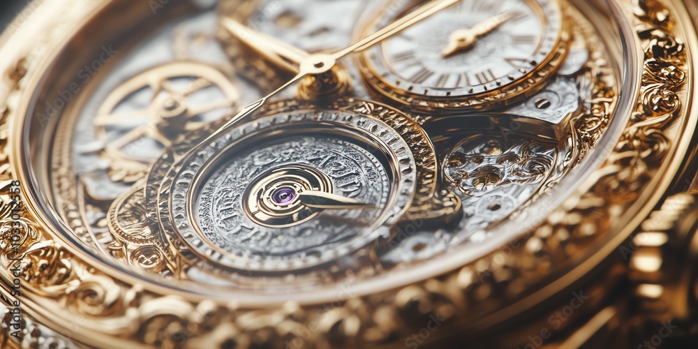 Obraz premium Close up of an intricate gold watch face with visible gears and a purple jewel.