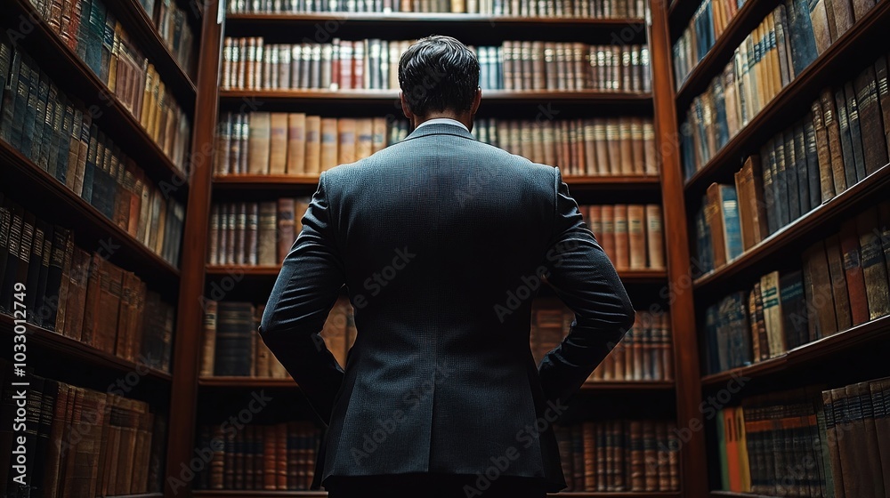 Professional Lawyer Standing Against Bookshelf in Cinematic Lighting - High Quality Stock Photo Professional Lawyer Standing Against Bookshelf in Cinematic Lighting - High Quality Stock Photo