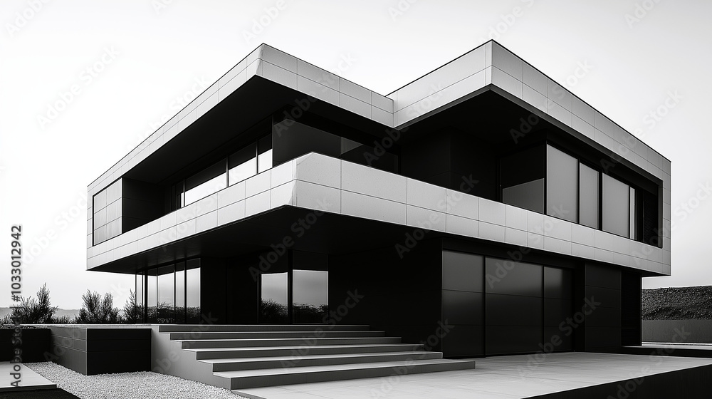 A black and white exterior view of a minimalist home, emphasizing the interplay of light and shadow. A black and white exterior view of a minimalist home, emphasizing the interplay of light and shadow.