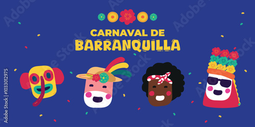 Social media poster for The Barranquilla Carnival,  Colombian folklore festival, March, poster for celebration Barranquilla Festival, blue, colourful background