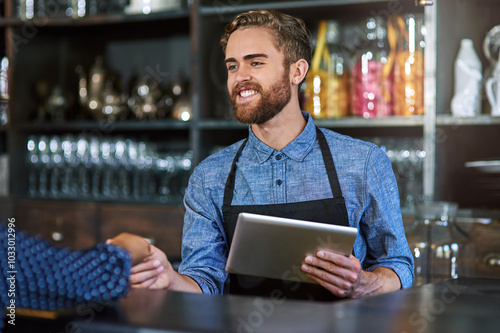 Man, happy and tablet in cafe for customer service, digital payment and innovative POS software. Bartender, client and tech in pub for hospitality, transaction and smile for small business support