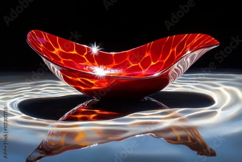 A hyper-realistic painting of a vermillion lacquer bowl, with light reflecting off the glossy surface photo