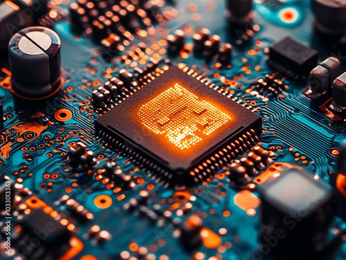 A close-up of a glowing CPU chip on a circuit board. photo