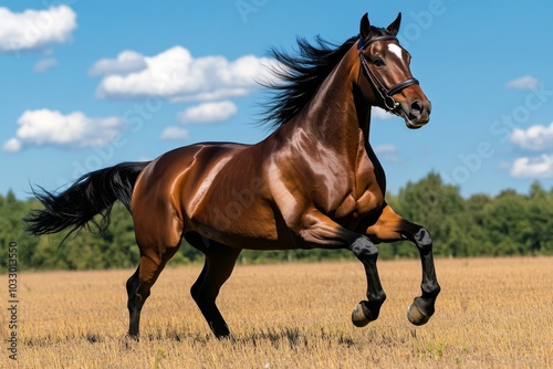 A majestic horse galloping through an open field, its mane flowing in the wind
