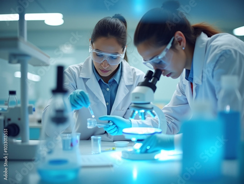 Science, microscope and innovation with a woman in a laboratory for medical research or experiment. Healthcare, medicine and a young indian engineer working in a lab for pharmaceutical development