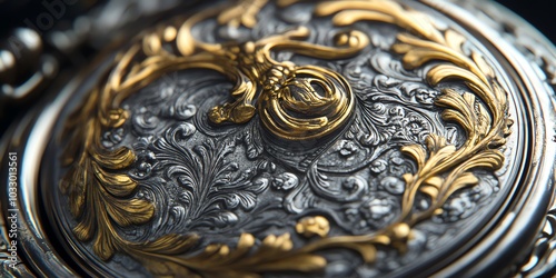 Close-up of an ornate pocket watch face with intricate gold and silver detailing.